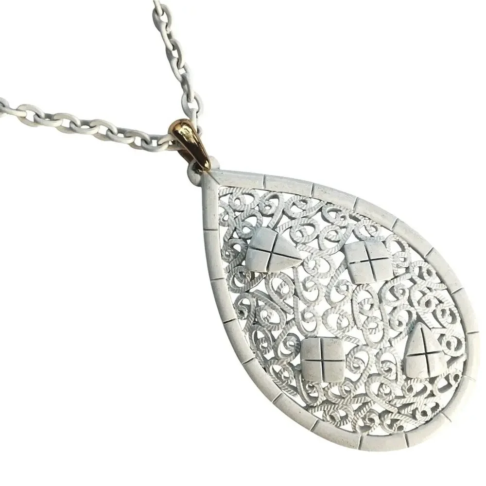 VTG 1960s 1970s Pendant Necklace White Enamel Filigree Mod Statement Jewelry